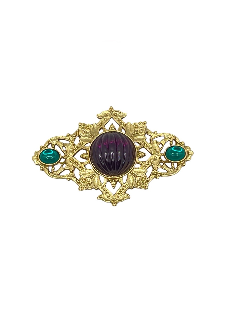 Goldtone Filigree Brooch with Purple Cabochon and Green Accents